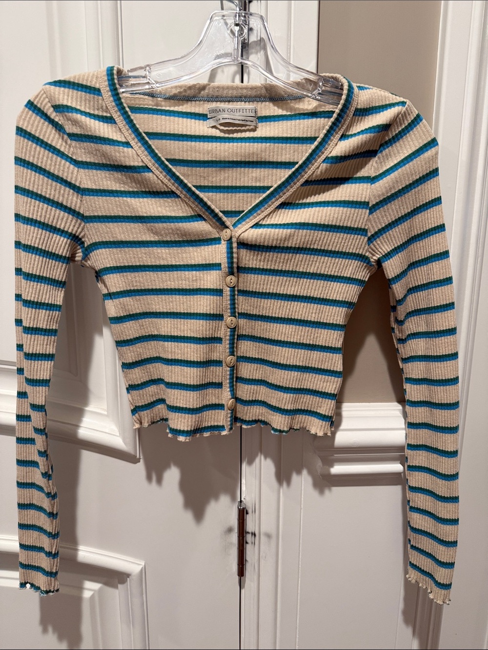 Urban Outfitters Cream & Teal Striped Ribbed Button Cardigan